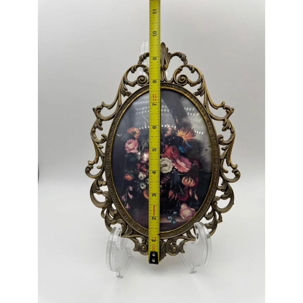 Vintage Italy Brass Ornate Floral Print Oval Frames Convex Glass Set of 2